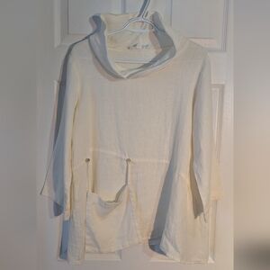 LUKAA Women Linen Top Loose Turtleneck White Patch Pocket US M